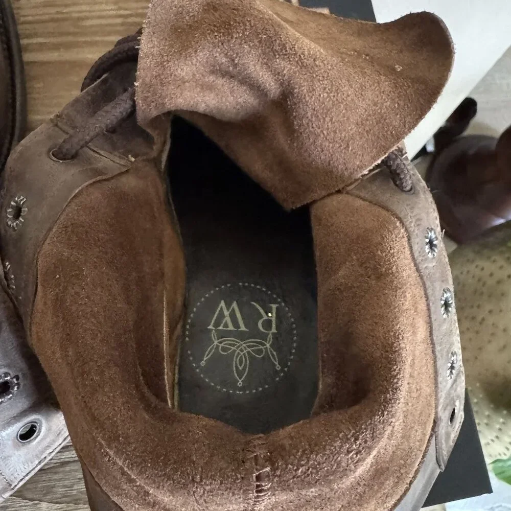 Raywelt Brown Leather Square Toe Fringe Roper Lace Up Ankle Boot Size  7.5 - Picture 13 of 17